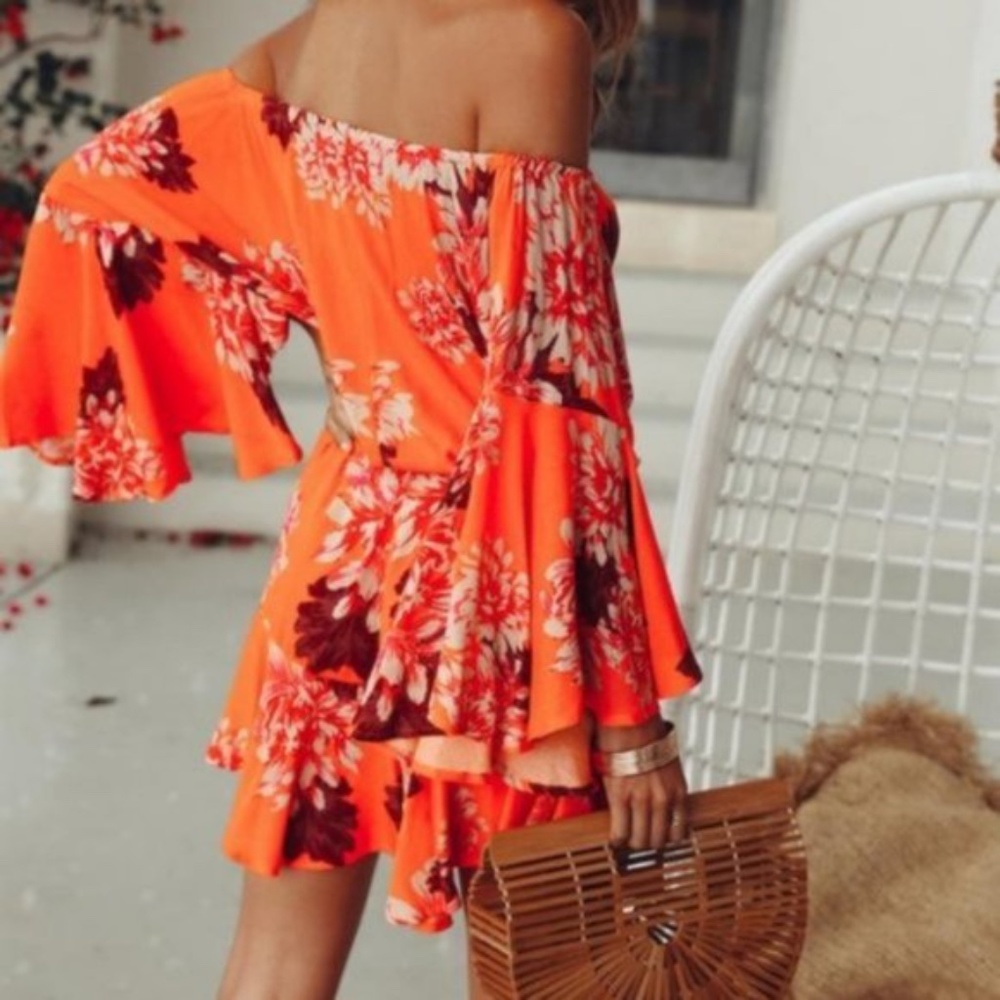 IN STOCK -Off Shoulder Bright Orange floral ROMPER - Picture 3 of 5